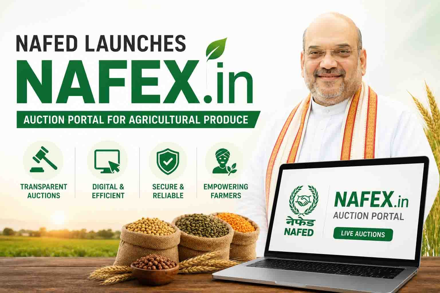 NAFEX.in NAFED auction portal Amit Shah launch KALYAN scholarship DRISHTI portal farmers 2026