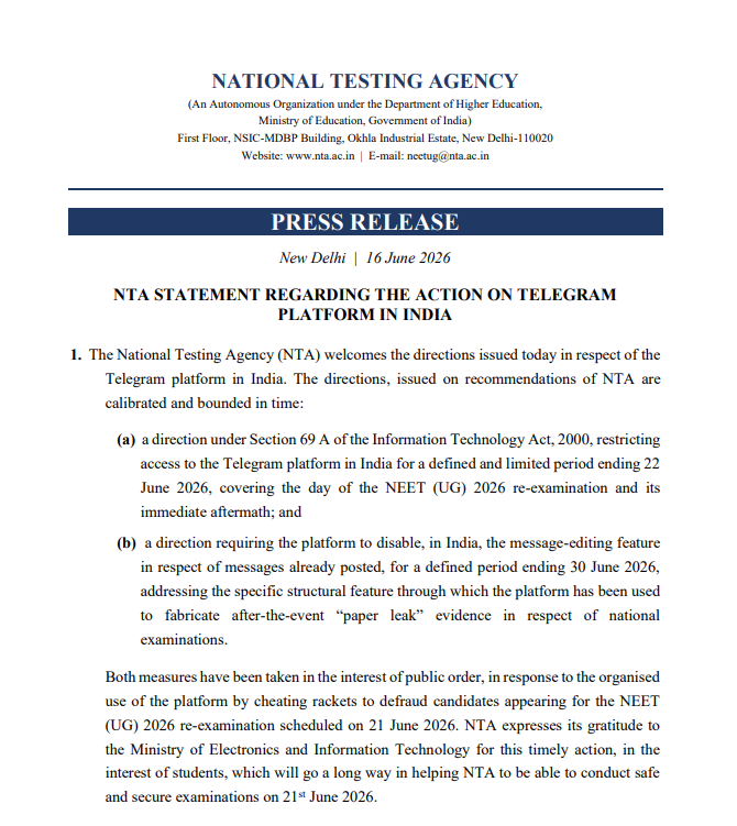 NTA Telegram ban India restricted till 22 June NEET UG 2026 re exam MeitY Section 69A paper leak fraud