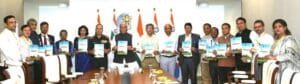 Raksha Mantri Rajnath Singh releasing DRDO DFP 2026 document with defence officials