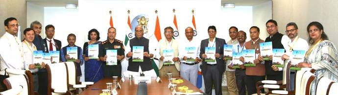 Raksha Mantri Rajnath Singh releasing DRDO DFP 2026 document with defence officials