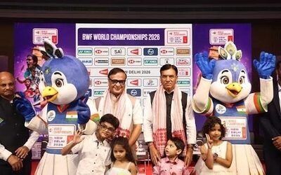 Official mascot Peacko and Union Minister Mansukh Mandaviya at BWF World Championships New Delhi 2026 launch event