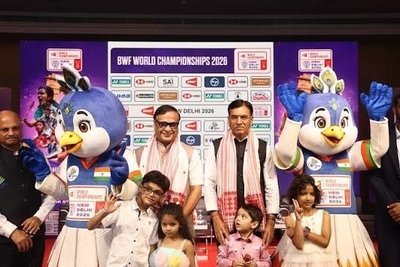 Official mascot Peacko and Union Minister Mansukh Mandaviya at BWF World Championships New Delhi 2026 launch event