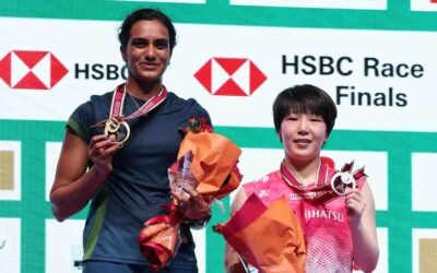 PV Sindhu celebrating her historic Japan Open Title victory on court