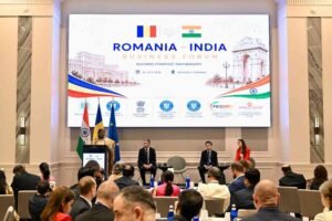 President Droupadi Murmu addressing the India Romania Business Forum in Bucharest in 2026