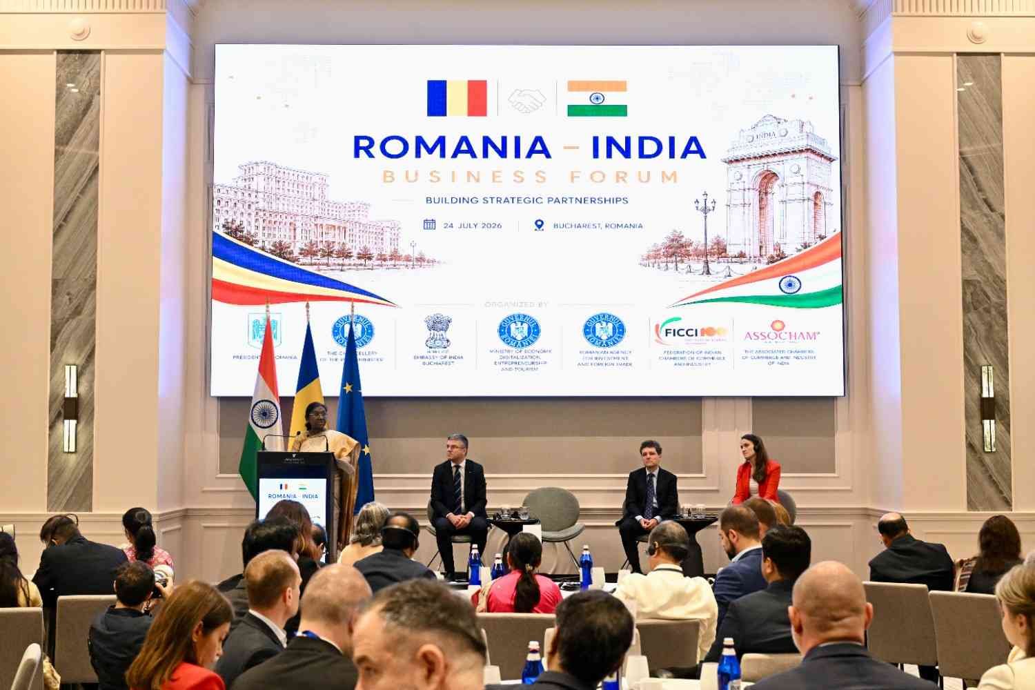 President Droupadi Murmu addressing the India Romania Business Forum in Bucharest in 2026