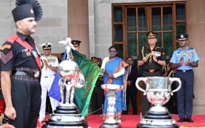 President Droupadi Murmu unveiling the Durand Cup 2026 trophies at Rashtrapati Bhavan