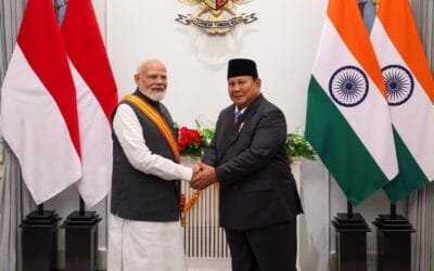 Prime Minister of India receiving the Bintang Adipurna award from Indonesian President Prabowo Subianto